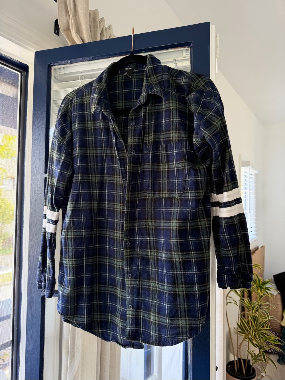 Vintage F21 Navy and Green Plaid Button-Up Shirt